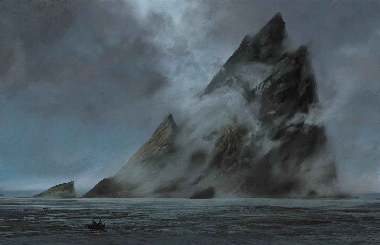 Obraz przedstawiający ogromną skałę pośrodku morza i małą łódkę