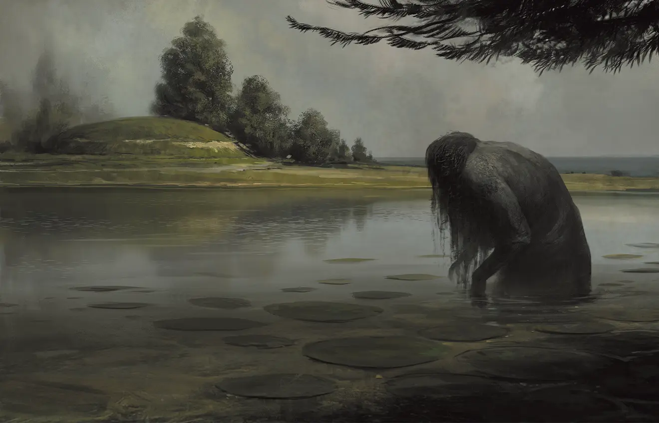 Obraz przedstawia zgarbioną i długowsłosą ponurą postać stojącą w jeziorze i patrzącą na brzeg