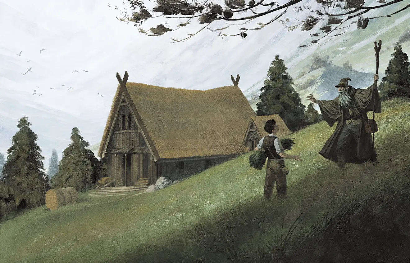 Sielski obrazek przedstawiający chatę na trawiastym zboczu oraz rozmowę Gandalfa i człowieka 