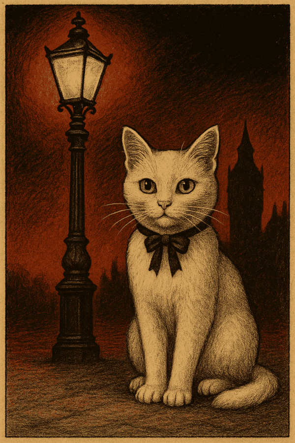 Ilustracja z kotem siedzącym przy latarni 