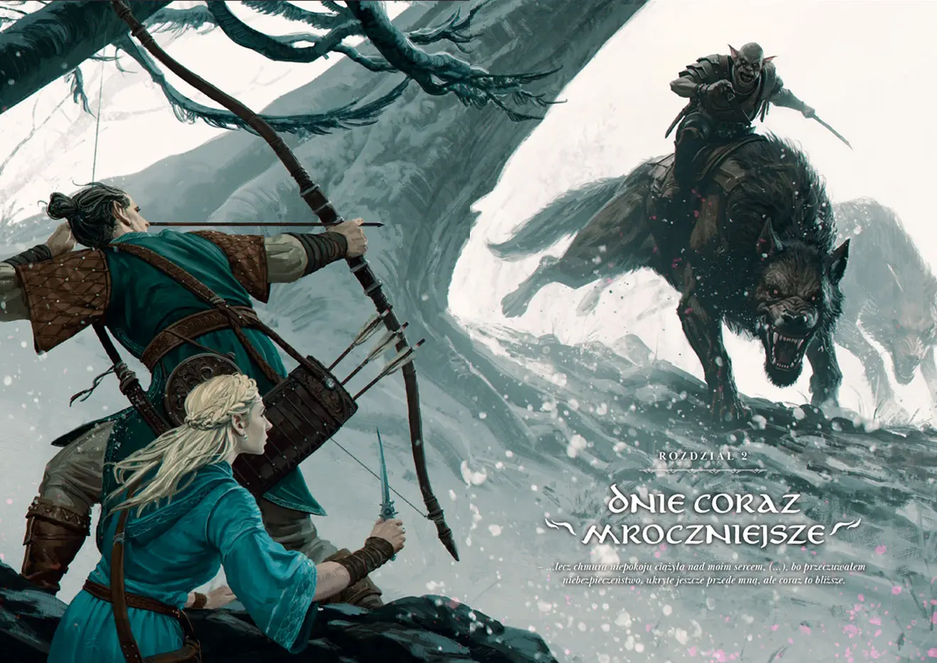 Ilustracja z wnętrza książki prezentująca dwa elfy walczące z orkami