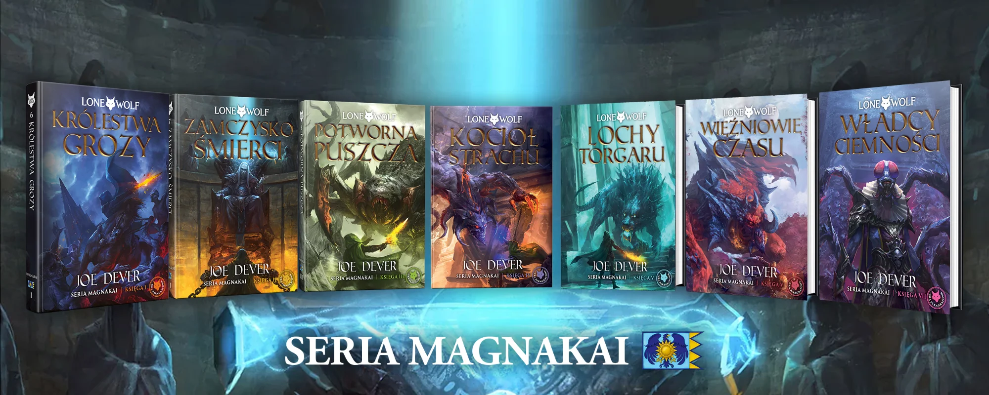 Baner z 7 okładkami gier Lone Wolf Magnakai