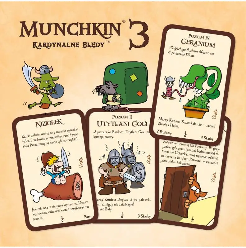 Wizualizacja kilku kart z dodatku Munchkin 3