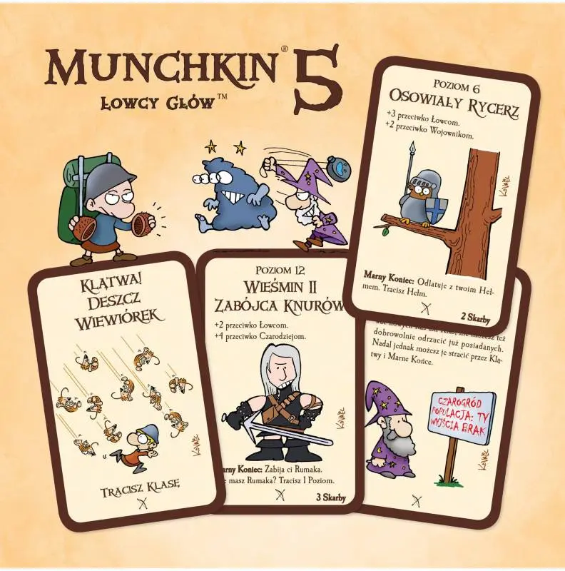 Wizualizacja kilku kart z dodatku Munchkin 5