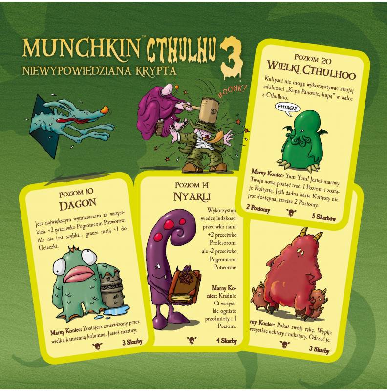 Wizualizacja kilku kart z dodatku Munchkin Cthulhu 3