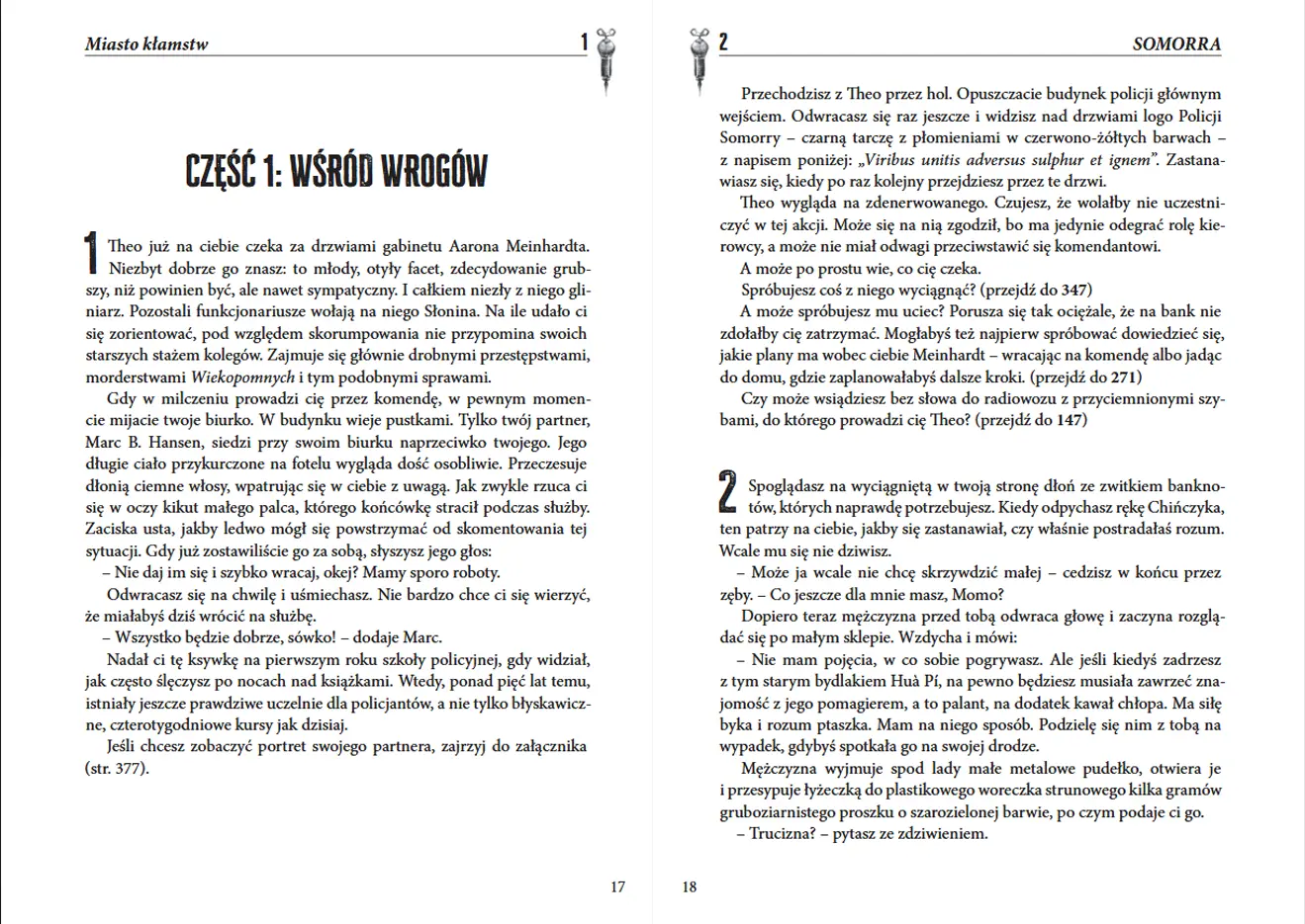 Przykładowe strony z książki Somorra prezentujące paragrafy tekstu