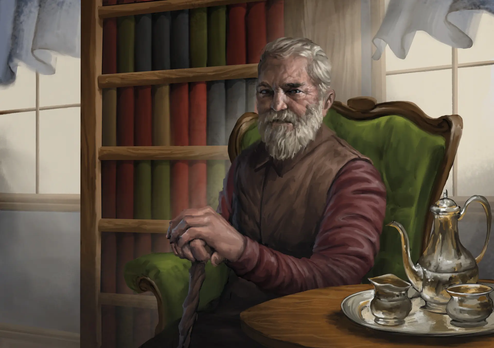 Grafika z wnętrza książki przedstawiająca starszego mężczyznę siedzącego na fotelu w bibliotece