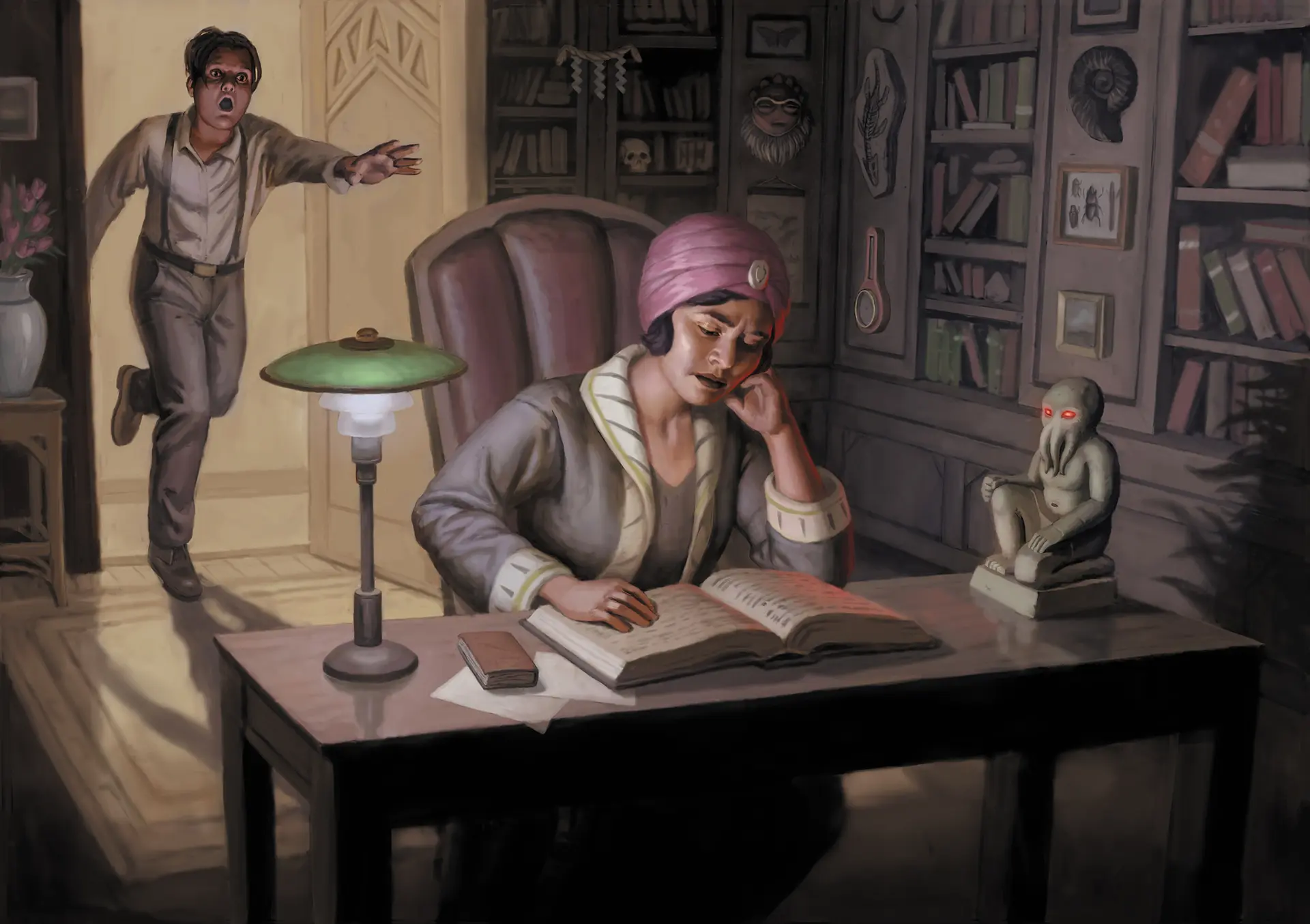 Grafika z książki przedstawiająca kobietę czytającą przy biurku i mężczyznę wbiegającego do pokoju