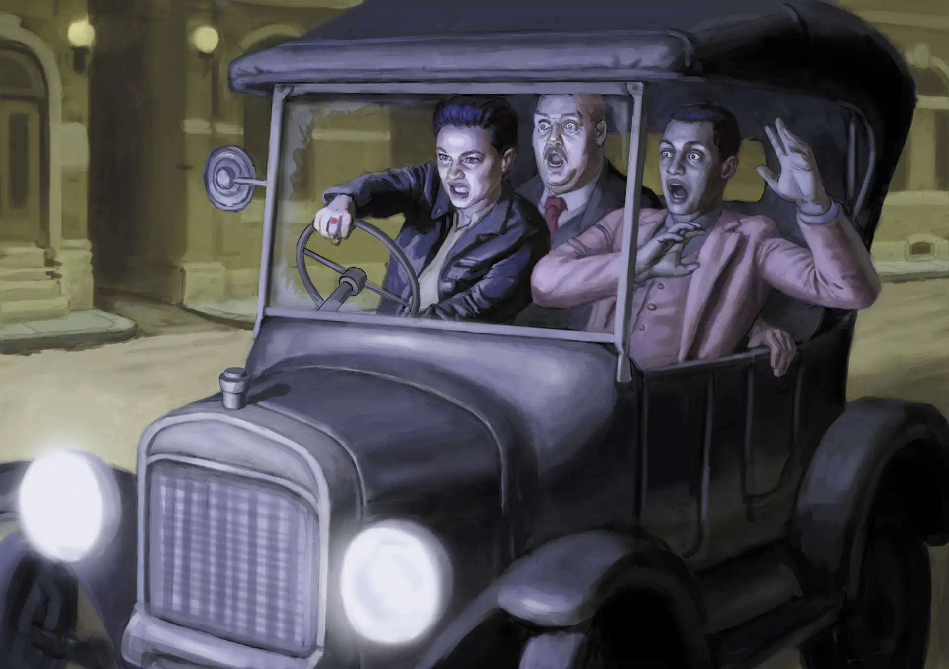 Grafika z gry przedstawiająca trójkę przejętych strachem ludzi w aucie z lat 20-tych 