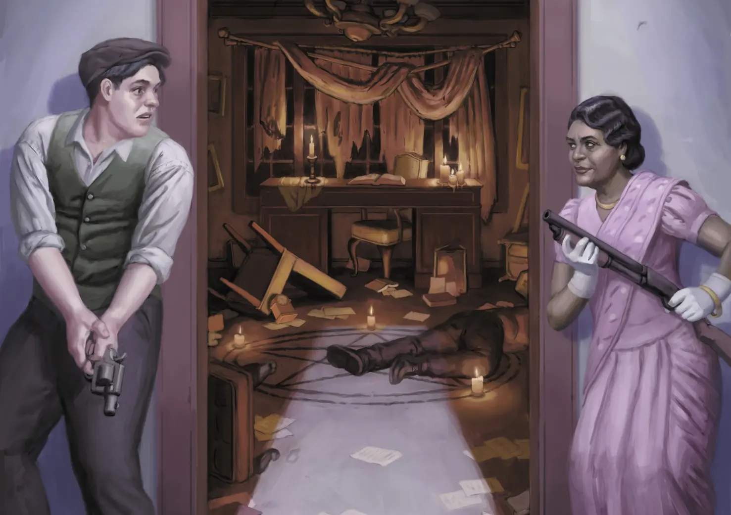 Grafika z uzbrojonymi kobietą i mężczyzną którzy stoją w drzwiach pomieszczenia 