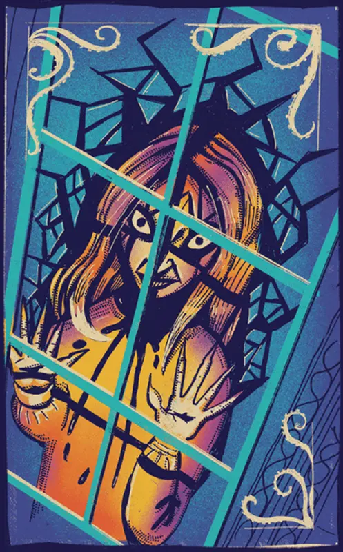 Psychodeliczna grafika przedstawiająca złowrogą kobietę za oknem