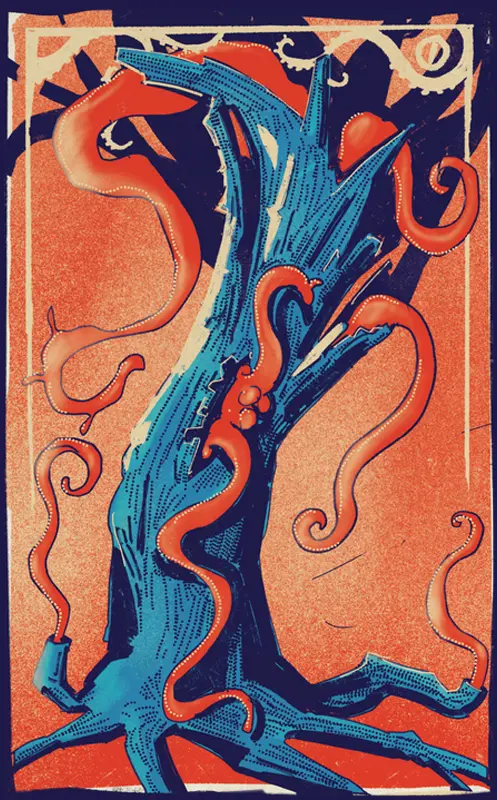 Psychodeliczna grafika z gry Twierdza Wron przedstawiająca drzewo i macki