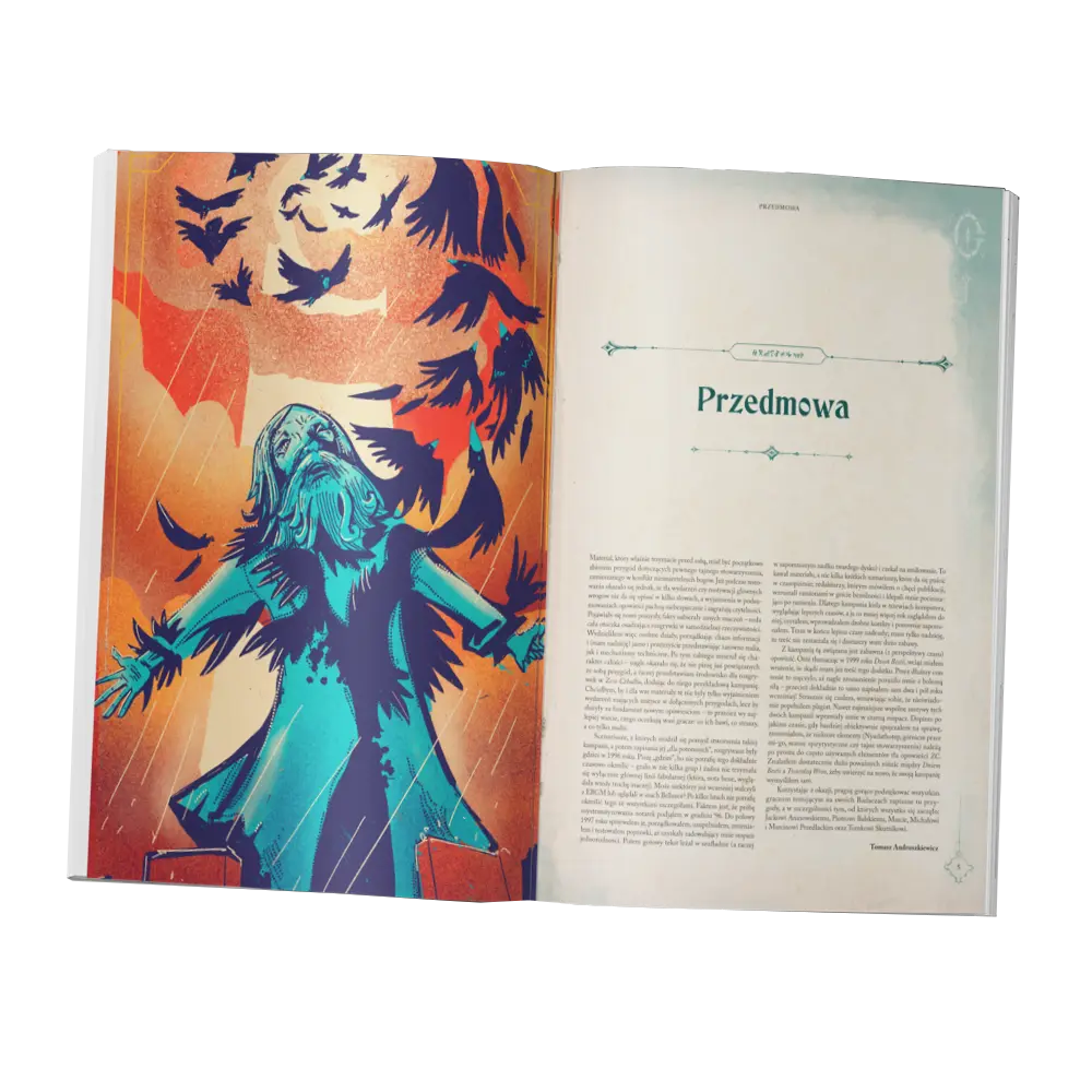 Strony z grafiką i początkiem przedmowy z wnętrza książki