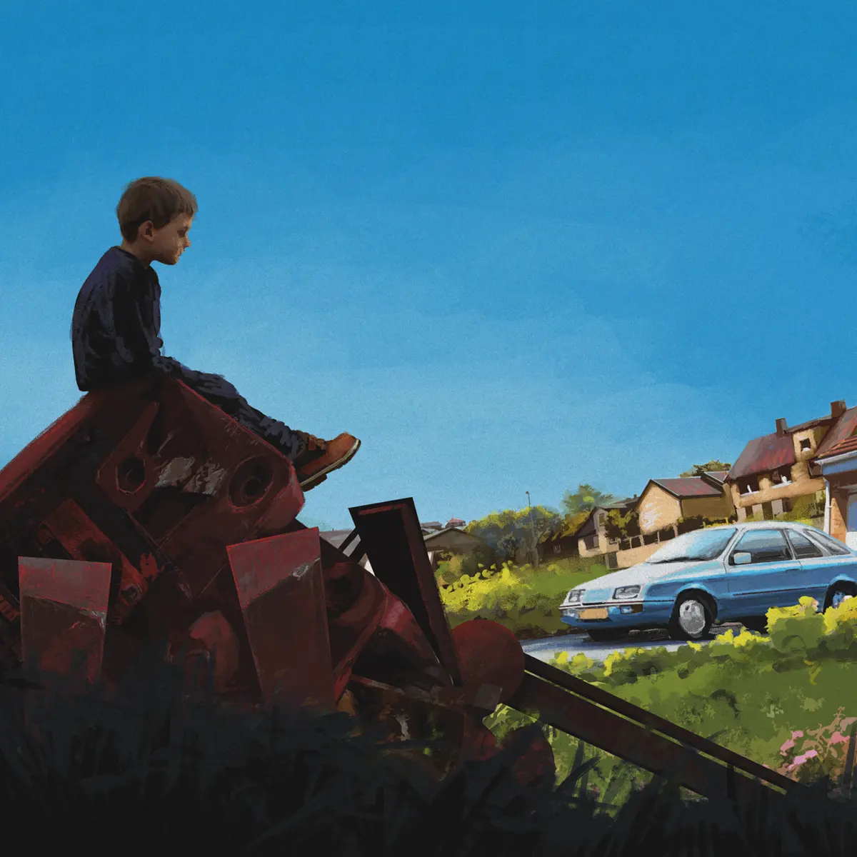 Picture of a kid sitting ona a pile of scrap metal