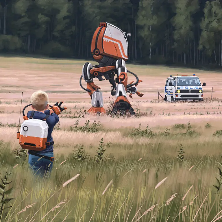 Picture of a kid controlling a robot in a field