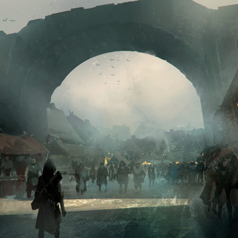 Picture of a traveler entering a city through a big stone arch