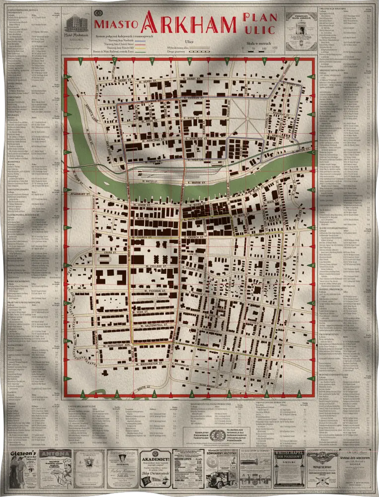 Mapa na tkaninie prezentująca miasto Arkham z gry Zew Cthulhu