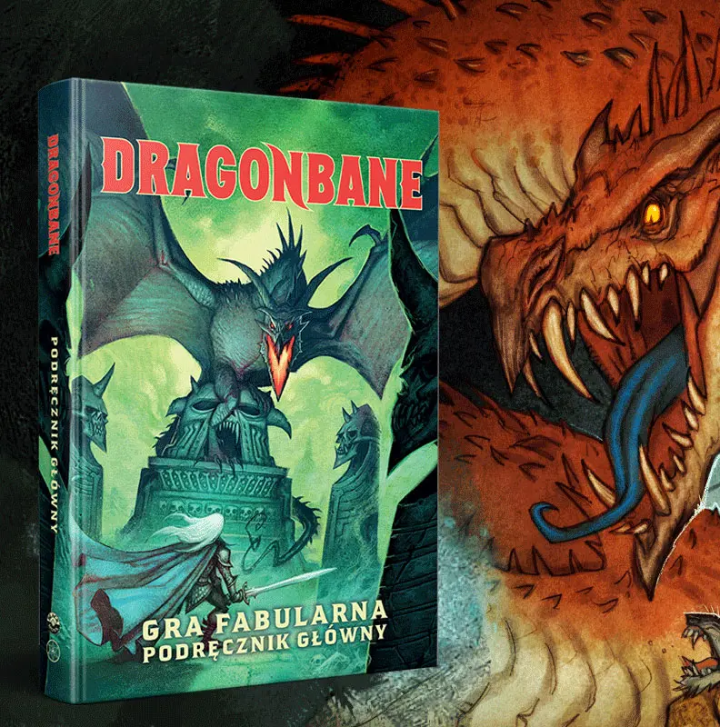 Okładka podręcznika głównego do gry fabularnej Dragonbane przedstawiająca ziejącego smoka