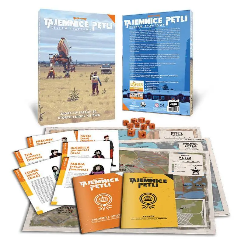 Zdjęcie przedstawia wszystkie elementy z pudełka Zestawu Startowego Tajemnic Pętli